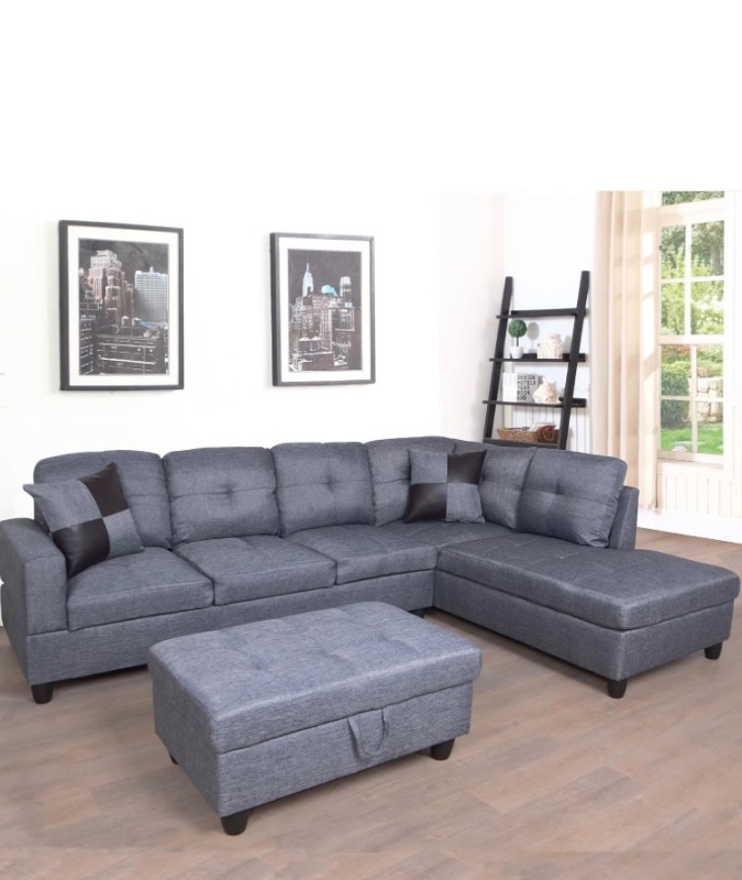 Photo 1 of ***RIGHT ARM CHAISSE ONLY/INCOMPLETE SET***Modern L-Shaped Couch Convertible Sectional Sofa Set Faux Leather Facing Chaise with Storage Ottoman for Living Room, Bedroom, Gray Linen|Right