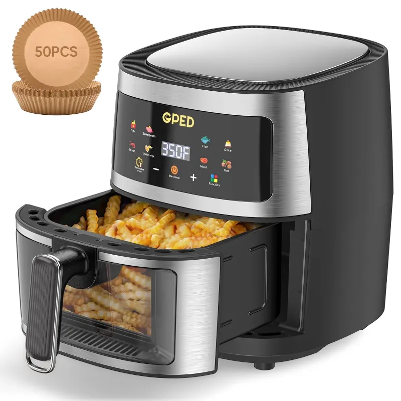 Photo 1 of Air Fryers, 7.5 QT 8-in-1 Oilless Air Fryer Oven with Visible Cooking Window, One-Touch Screen, Nonstick and Dishwasher-Safe Basket, Customized Temp/Time, Including Air Fryer Paper Liners 50PCS,Silve

