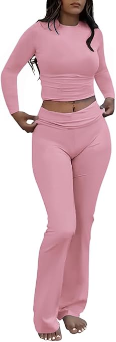 Photo 1 of AYWA Women's 2 Piece Outfits Foldover Flare Pants Long Sleeve Crew Neck T-shirt Fitted Pajama Sets