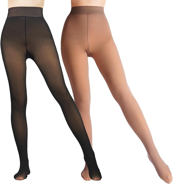 Photo 1 of 2 Pairs Women Fleece Lined Tights-Fake Translucent Leggings High Waist Pantyhose Sheer Thick Warm Tights For Women