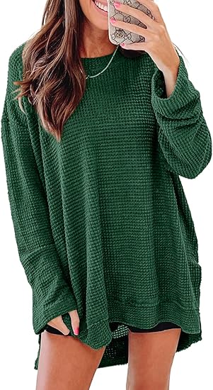 Photo 1 of ANRABESS Womens Long Sleeve Shirts Oversized Waffle Knit Casual Loose Crewneck Pullover Sweater 2025 Fall Tunic Tops Forest Medium