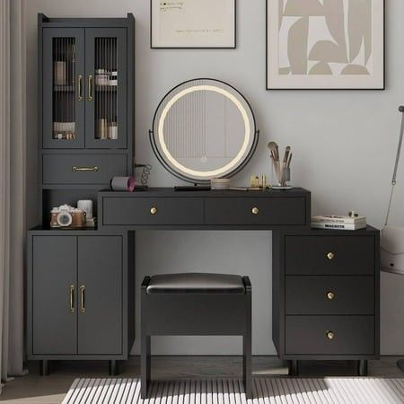 Photo 1 of ***MISSING PARTS**Ktaxon Makeup Vanity Set with USB Charging&3 Color Lighted Mirror Large Makeup Vanity with Storage Cabinet and Drawers Dressing Table for Girls Wom
