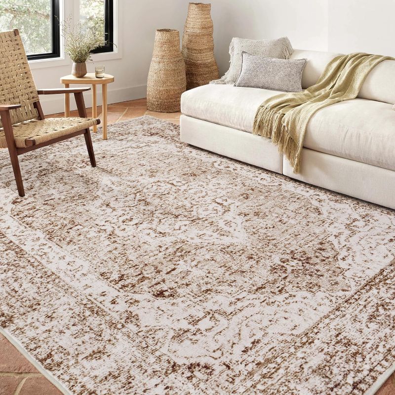 Photo 1 of  Area Rugs for Living Room, Washable Area Rug, Rugs for Bedroom, Kitchen Rugs, Vintage Boho Carpet, Soft Non-Slip, Low Pile Large Area Rug for Office Dining Room, Vintage Beige Brown