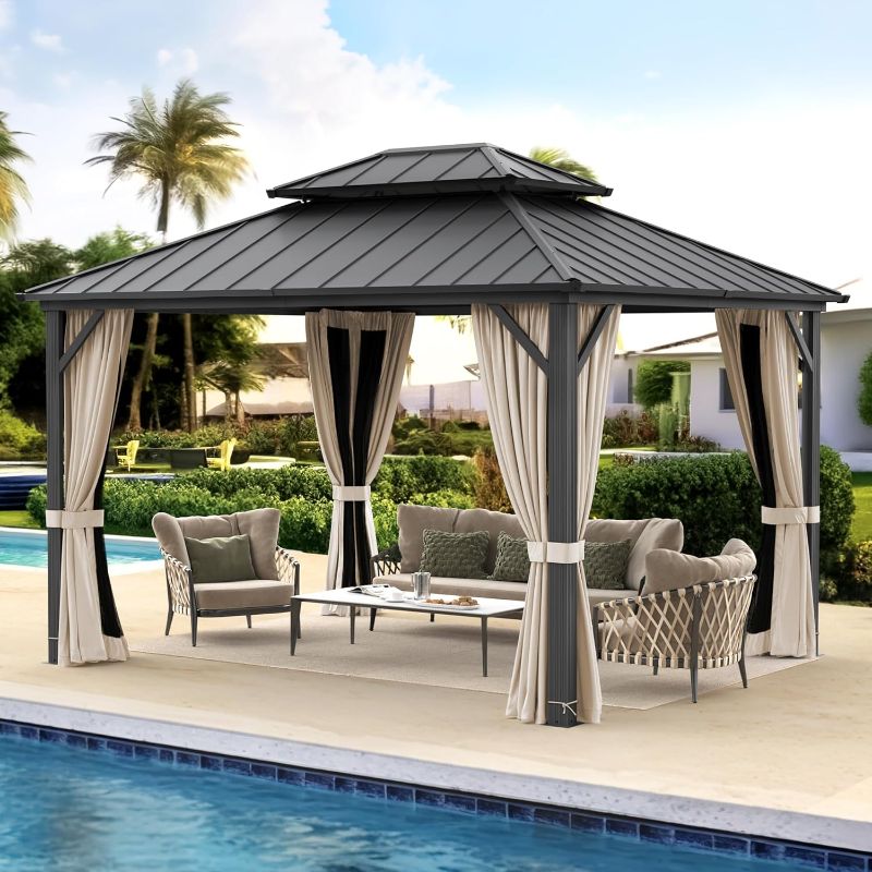 Photo 1 of  Hardtop Gazebo, Galvanized Steel Double Roof Permanent Pavilion with Aluminum Frame, Outdoor Metal Gazebo Canopy with Nettings and Curtains for Deck, Patio, Backyard
