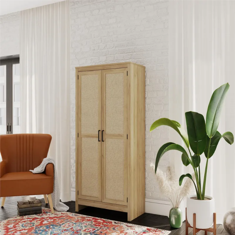 Photo 1 of Ameriwood Home Wimberly Tall 2-Door Cabinet, Natural with Faux Rattan
