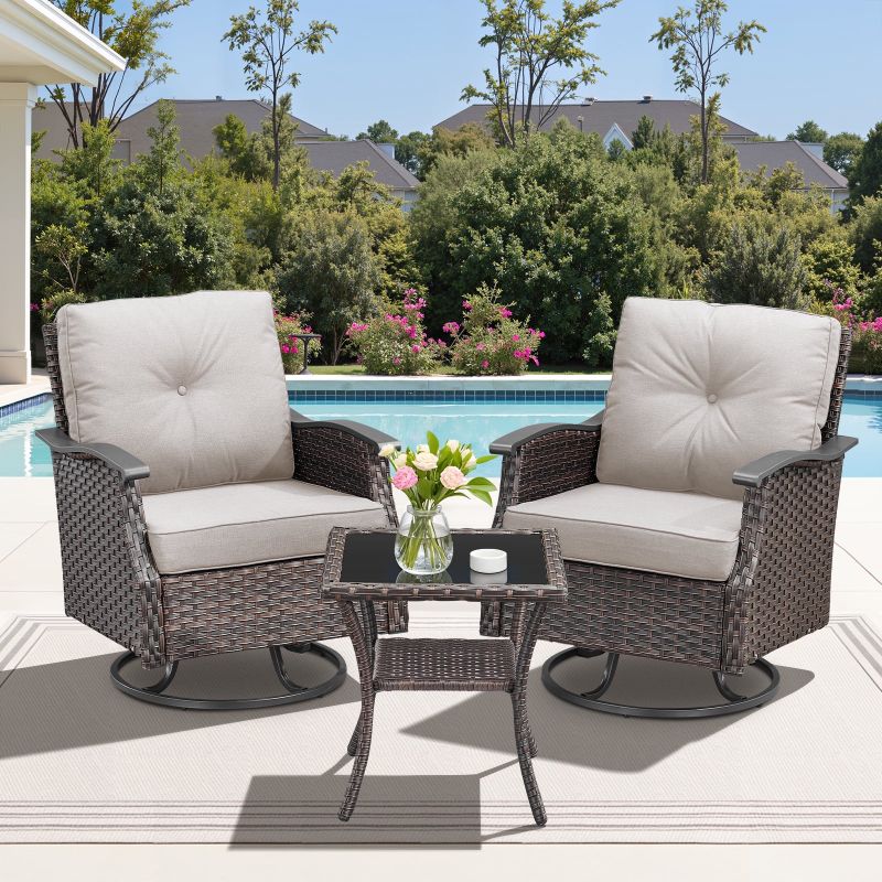 Photo 1 of 3-Piece Outdoor Patio Bistro Glider Set with Swivel Rocker Chairs and Side Table, Beige Cushion