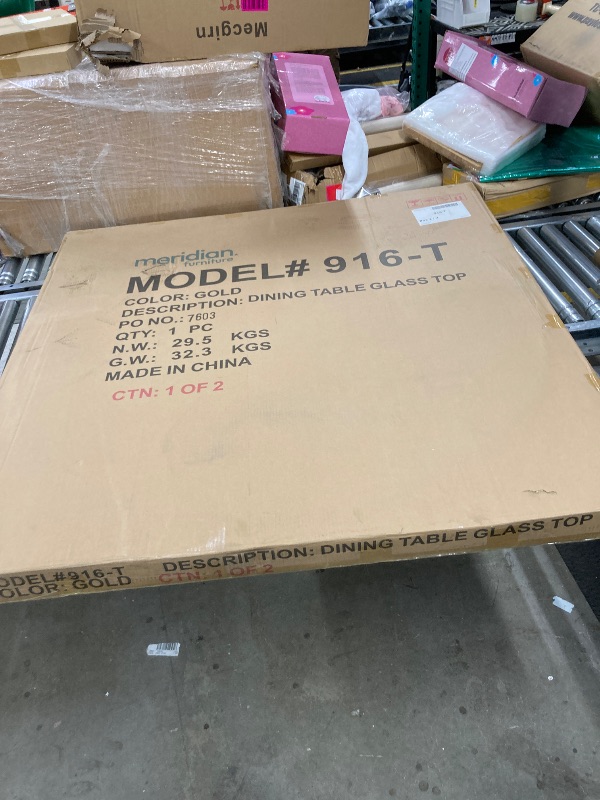 Photo 1 of ***ONLY BOX 1 OF 2, MISSING THE LEGS****Xander 60" Rectangular Glass Dining Table with Gold Metal Base by Meridian Furniture