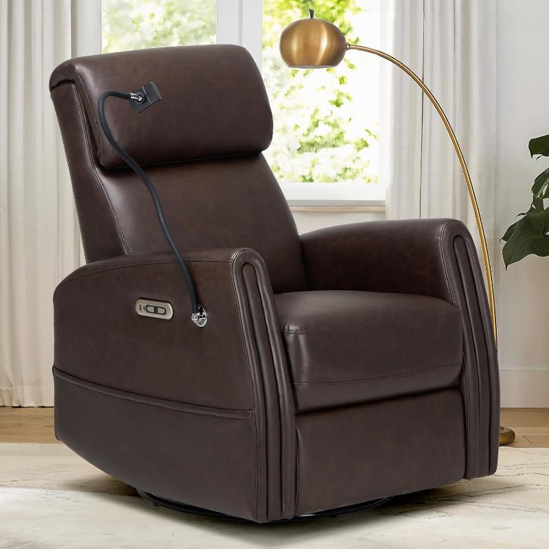Photo 1 of COLAMY Power Swivel Glider Recliner Chair, Nursery Rocking Chair, Living Room Chair, PU Leather 270° Swivel 145° Recliner Chair with Built-in Charging Ports for Living Room, Apartment, Home, Chocolate