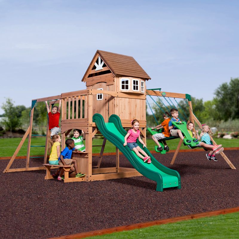 Photo 1 of Montpelier All Cedar Swing Set Playset with Monkey Bars, Elevated Clubhouse, Belt Swings, Trapeze and Wave Slide