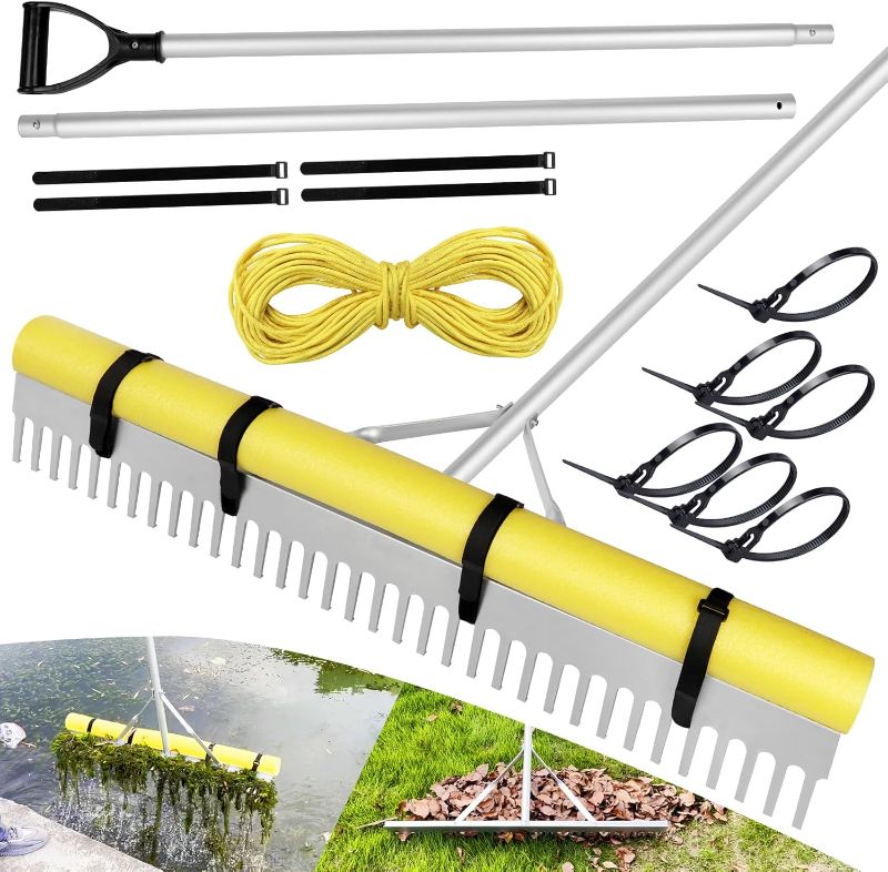 Photo 1 of Aluminum Pond Rake - 36" Aquatic Weed Rake with 11' Adjustable Extension Pole, Rope and Float, 50' Throw for Lake, Lawns, Gardens, Beach