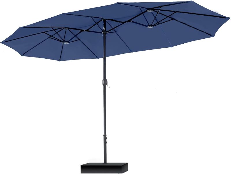 Photo 1 of ***MISSING PARTS/USED UMBRELLA***15 ft. Market Patio Umbrella With Lights Base and Sandbags in Blue
