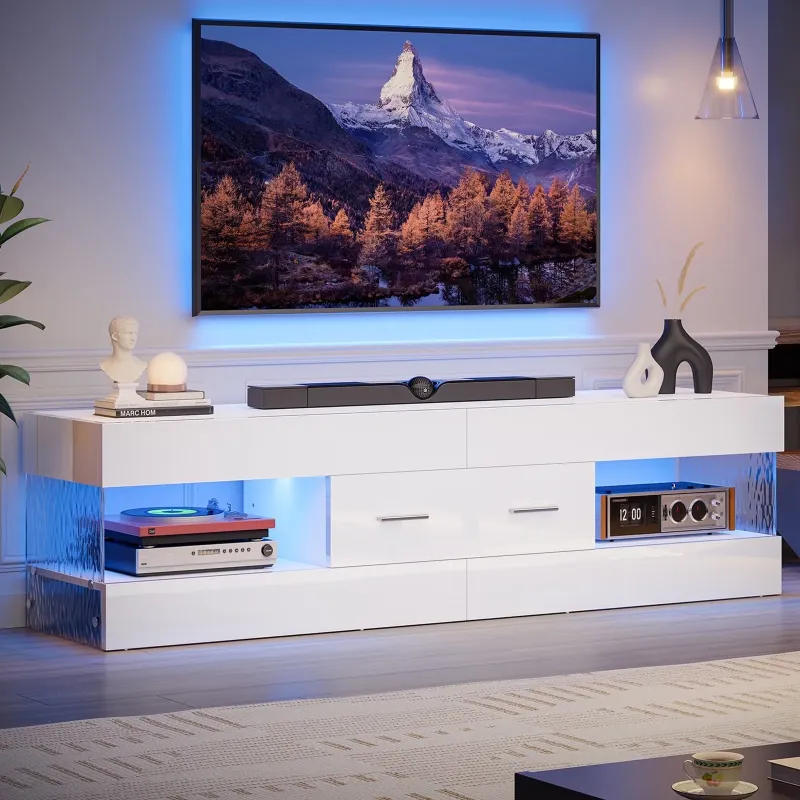 Photo 1 of Bestier White High Gloss TV Stand for TV up to 65" LED Television Entertainment Center Modern TV Cabinet with Storage Drawers***Factory sealed***
