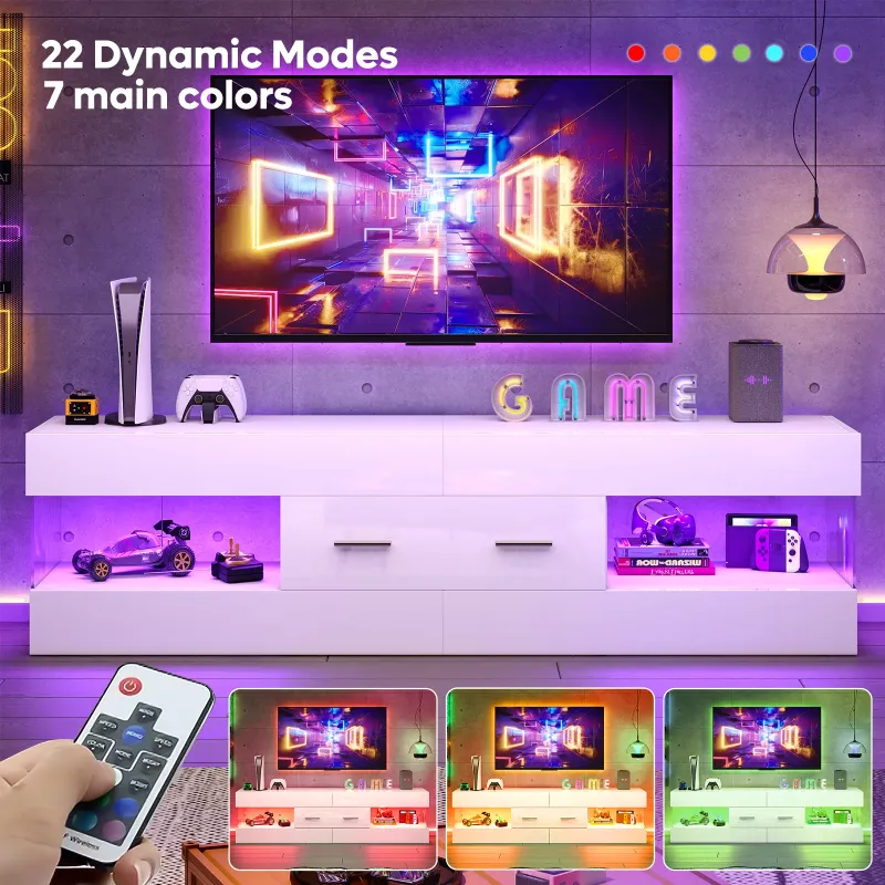 Photo 1 of Bestier White High Gloss TV Stand for TV up to 65" LED Television Entertainment Center Modern TV Cabinet with Storage Drawers***Factory sealed***
