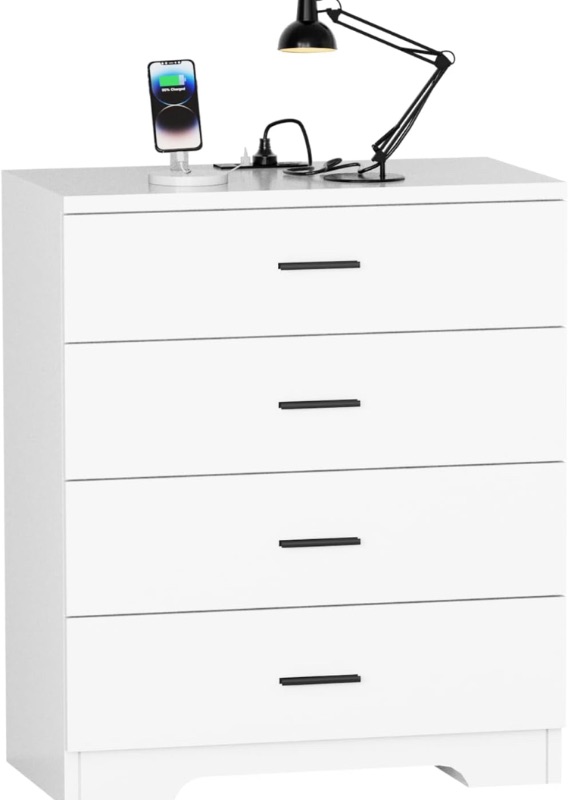 Photo 1 of Dresser with Power Outlets Wooden 4 Drawer Dresser with USB and Type C Port Chest of Drawers for Bedroom Tall White Dresser Storage for Living Room Hallway Closet