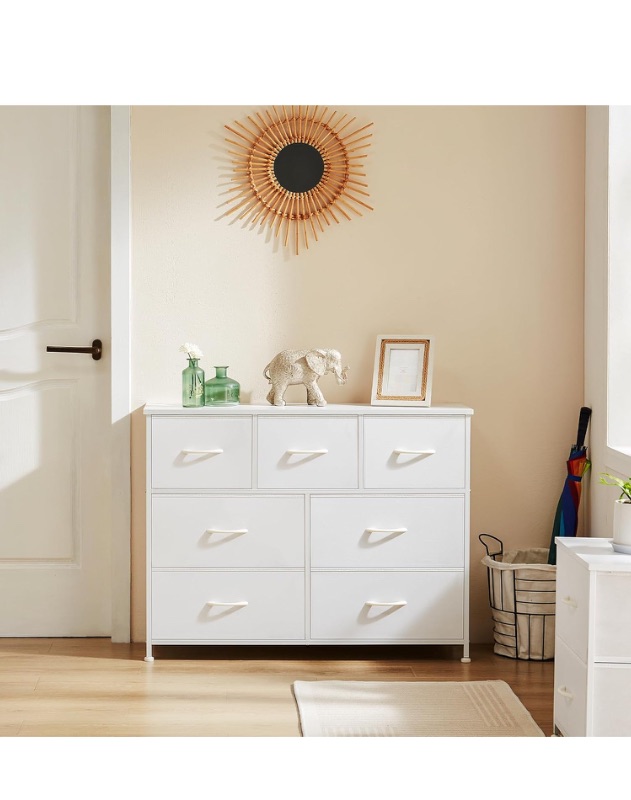 Photo 1 of *see notes*
Dresser for Bedroom with 7 Fabric Bins, Wide Storage Units Chest of Drawers with Metal Frame, Lightweight Storage Tower Organizer for Closet, Kidsroom, Living Room, Wooden Top for TVs, White