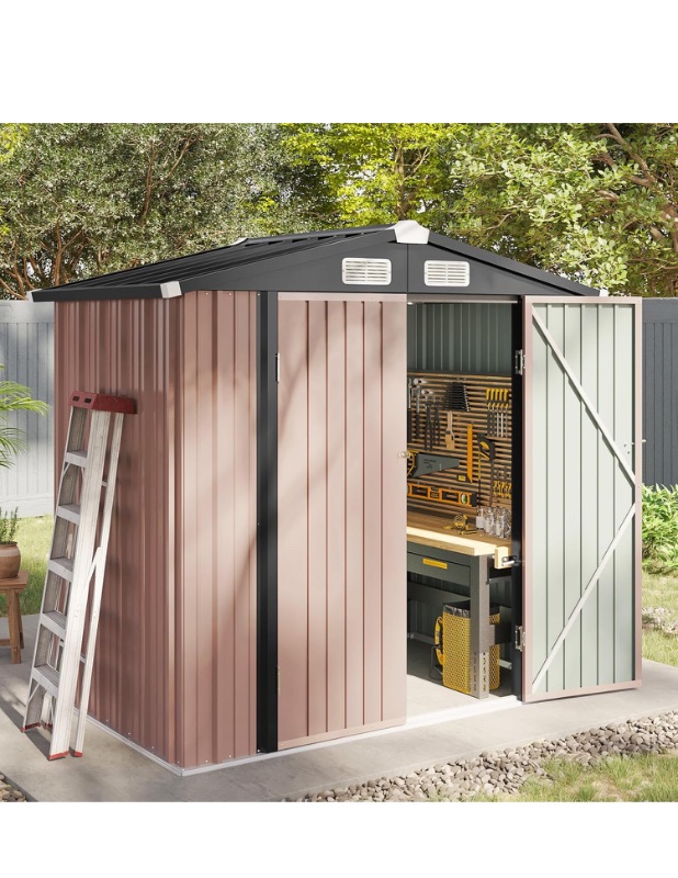 Photo 1 of Aoxun 8 x 8 x 12 FT Shed Outdoor Storage Shed Metal Garden Shed with Lockable Doors & Slooping Roof Tool Shed Bike Shed for Backyard, Patio, Poolside (Brown)