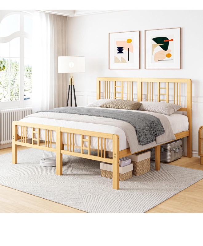 Photo 1 of 14 Inch Bamboo Wood King Size Platform Bed Frame with Headboard and Footboard, Metal Slat Support King Bed Frame No Box Spring Needed, Heavy Duty, Easy Assembly, Noise Free, Reinforced