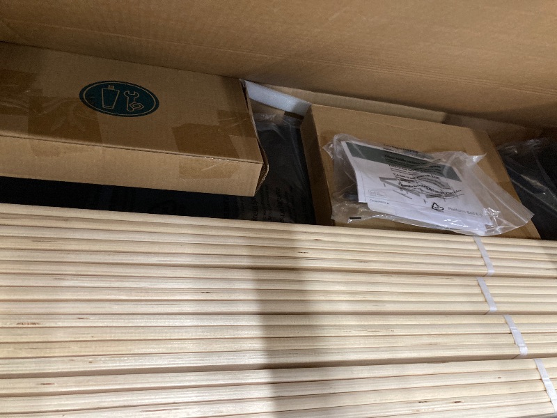 Photo 1 of ***MISSING PARTS***Zinus King r Upholstered Platform Bed with Horizontal Paneled Headboard, Wooden Slat Support, No Box Spring Needed, Easy Assembly, Eco Friendly Packaging, Dark Grey