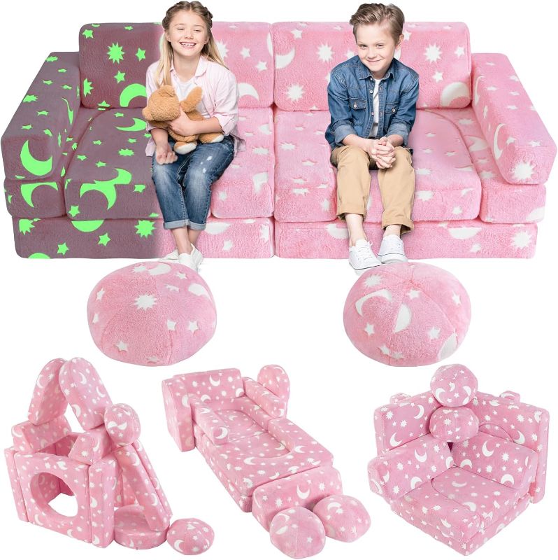 Photo 1 of 13PCS Kids Play Couch, Foam Modular Kids Couch Sofa, Glowing Toddler Couch Convertible Baby Play Couch Children Sofa for Playroom Bedroom (Pink)