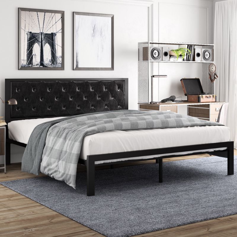 Photo 1 of Amolife King Size Metal Bed Frame with Faux Leather Upholstered Headboard, Black
