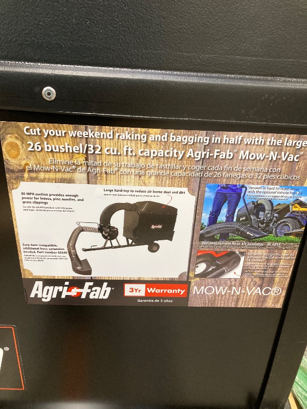 Photo 1 of Agri-Fab 45-0631 Large Capacity 32 CU FT Hard Top Mow- N-Vac, Tow Behind Lawn Vacuum, Leaf Vacuum, Gas Powered, Easy Foot Pedal Dumping