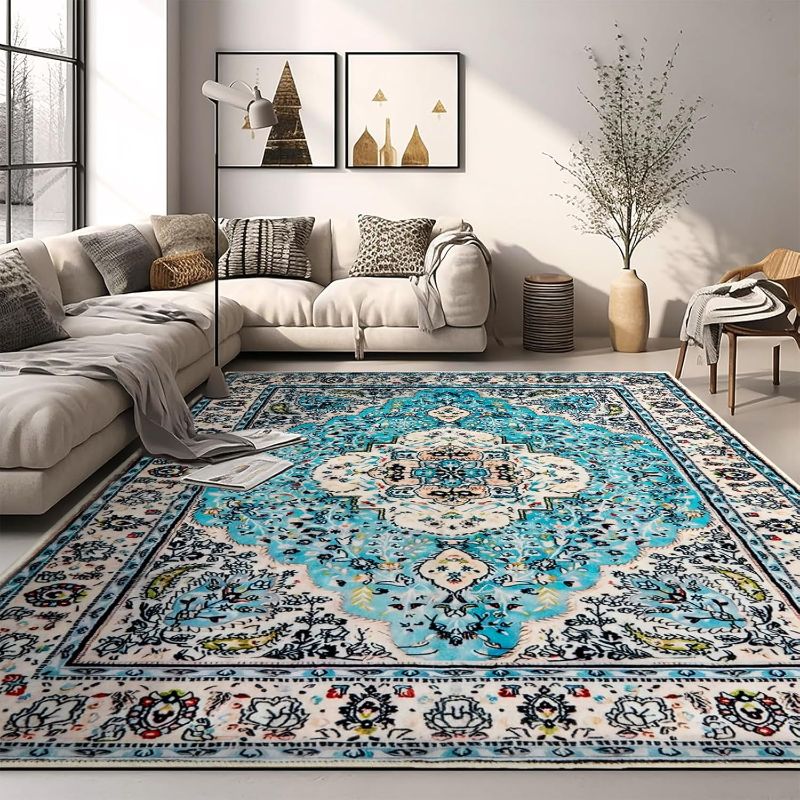 Photo 1 of Area Rugs Washable Living Room Rug,Vintage Soft Boho Area Rug,Non-Slip/Non-Shedding Print Floor Carpet for Dining Room,Bedroom-Blue