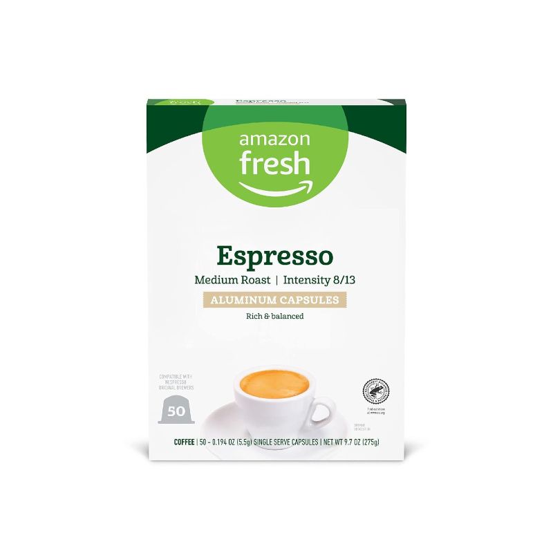 Photo 1 of Amazon Fresh Espresso Medium Roast Aluminum Capsules, Compatible with Nespresso Original Brewers, Intensity 8/13, 50 Count (5 Packs of 10)
