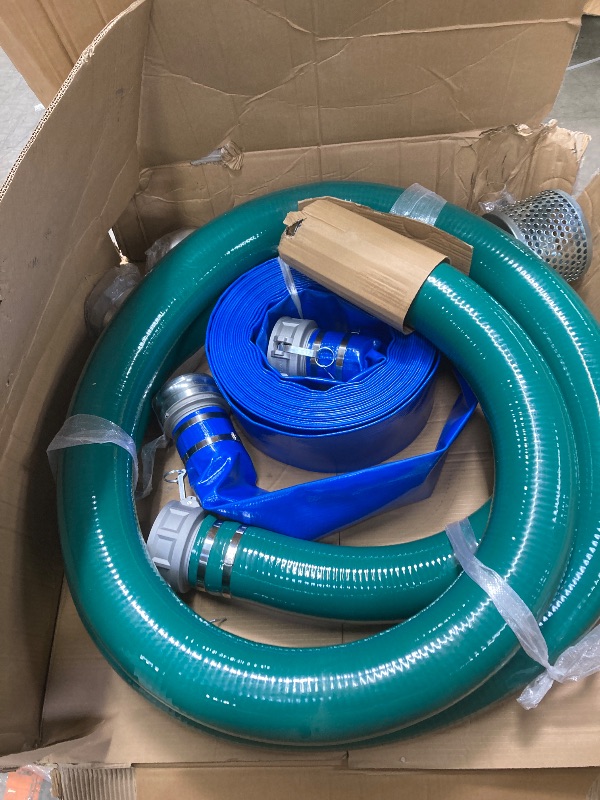 Photo 1 of 4 Inch Suction Hose Pump kit, Includes 4" x 65' Blue PVC Backwash Hose & 4" x 20' Green PVC Suction Hose & Steel Round Hole Suction Strainer & Cam and Groove Adapter,4" Suction Hose Kit for Water Pump