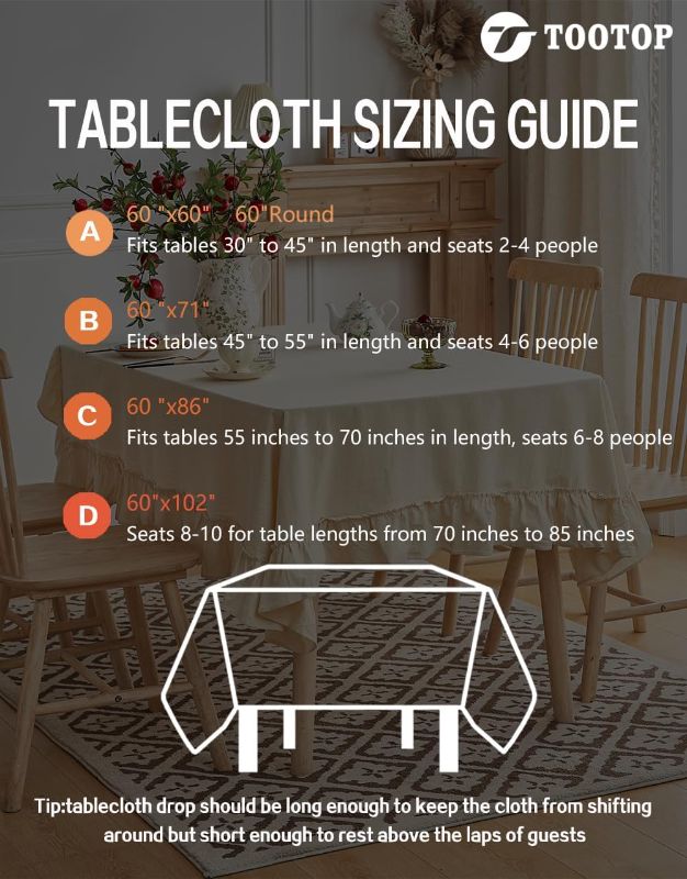 Photo 1 of (USED/FAIR) (BAGGED) Tootop Linen Tablecloth Ruffle Patchwork Tablecloth Rectangle Farmhouse Vintage Tablecloth Washable Kitchen Banquet Tablecloth for 4-5 Feet Long Tablecloth 60''x71'' Natural