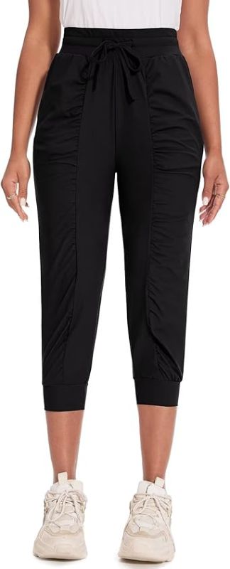 Photo 1 of Safort Women's Joggers Capri Pants Sweatpants for Summer Lightweight Workout Casual Pants with Pleated Design (Large) Black