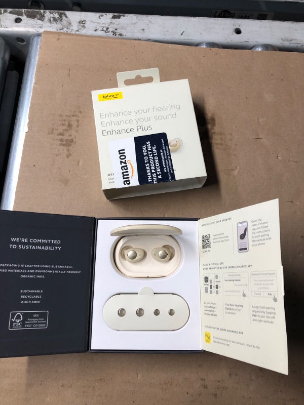 Photo 1 of Jabra Enhance Plus Self-Fitting OTC Rechargeable Hearing Aids for Advanced Hearing Enhancement, Music and Calls – (Incompatible with Android) 4 Mics and Powerful Speakers, Made for iPhone – Gold Beige