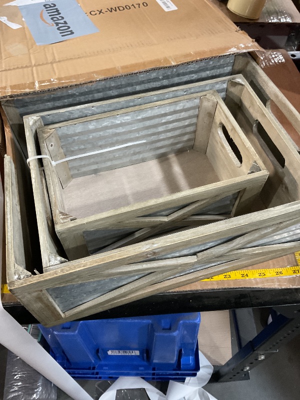 Photo 1 of ***LARGEST BOX BROKEN - SEE PICTURES***
Set of 3 Nesting Wooden Crates, Rustic Wooden Storage Container Boxes with Cutout Handles, Decorative Farmhouse Wood Baskets for Display, Barn Door (Gray)