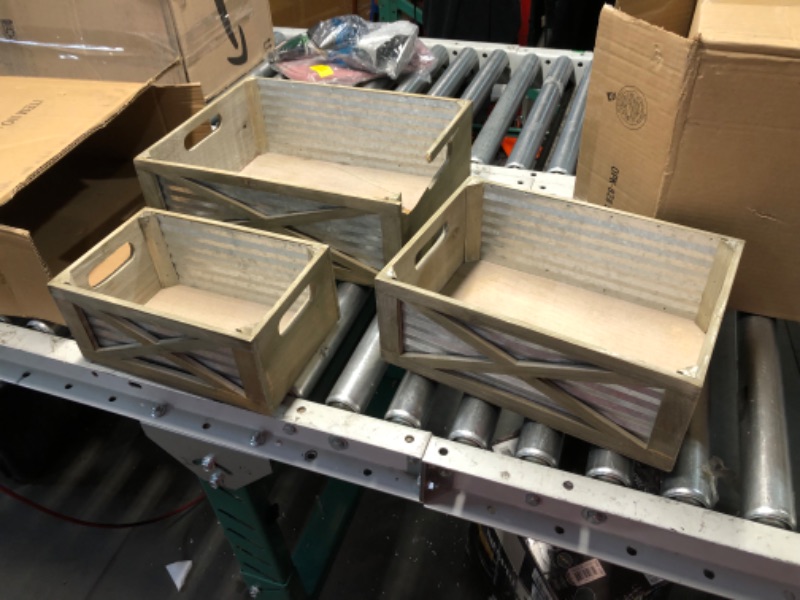 Photo 1 of ***LARGEST BOX BROKEN - SEE PICTURES***
Set of 3 Nesting Wooden Crates, Rustic Wooden Storage Container Boxes with Cutout Handles, Decorative Farmhouse Wood Baskets for Display, Barn Door (Gray)