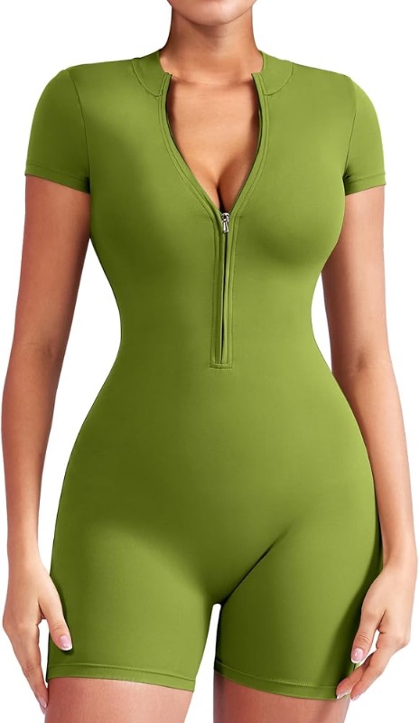 Photo 1 of YEOREO Women Short Sleeve Workout Jumpsuit Zip Up Romper Bottom Shorts Bodysuit Bodycon Sexy One Piece (product is brown not green)
Small