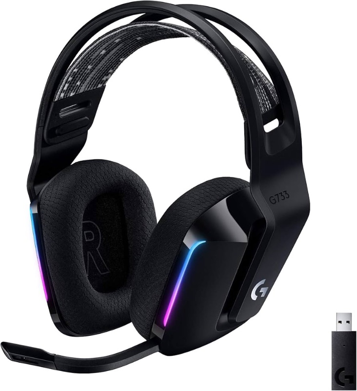 Photo 1 of Logitech G733 Lightspeed Wireless Gaming Headset with Suspension Headband, Lightsync RGB, Blue VO!CE mic technology and PRO-G audio drivers - Black.     (MISSING ITEM CHECK NOTES)