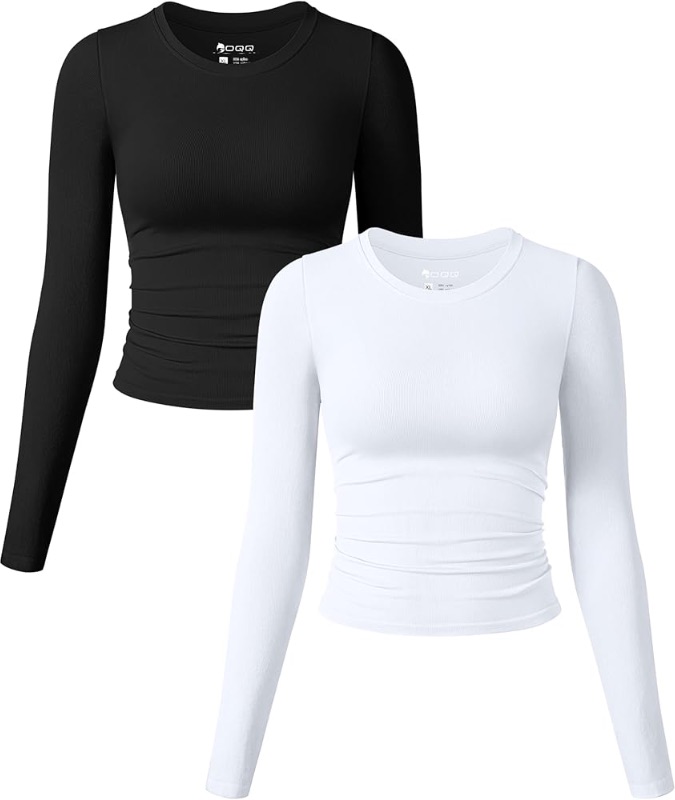 Photo 1 of (LARGE) (USED/FAIR) OQQ Womens 2 Piece Shirts Long Sleeve Crew Neck Ruched Stretch Basic Fitted Tee Shirts Tops
L