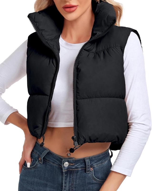 Photo 1 of (BAGGED) (MEDIUM) Women's Cropped Puffer Vest Sleeveless High Stand Collar Crop Outerwear Zip Up Warm Padded Gilet