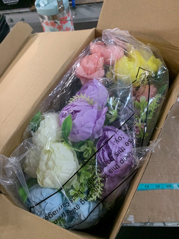 Photo 1 of (FAIR) Wavwavw Spring Table Centerpieces Peonies Artificial Flowers with Vase Summer Floral Arrangement Blue Purple Pink Yellow White Fake Flower Peonies Bouquets for Home Dining Table Wedding Party Decor