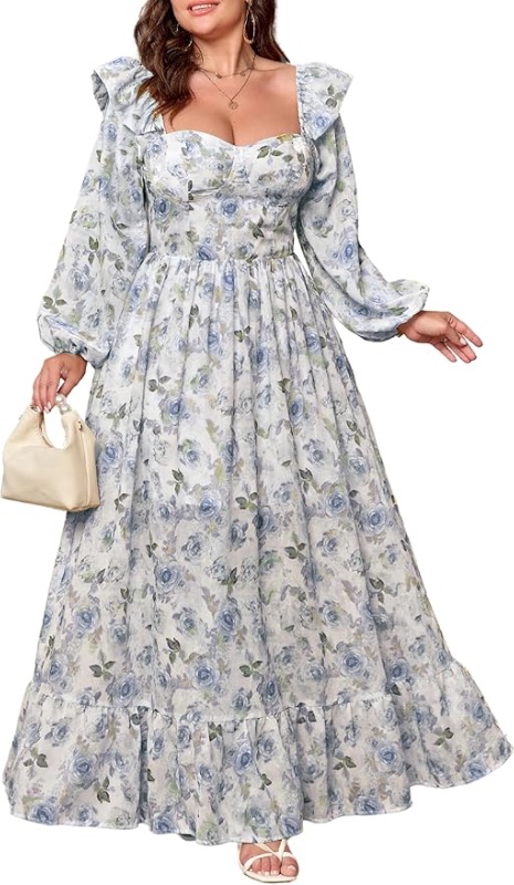 Photo 1 of *Large* Women's Floral Puff Long Sleeve Maxi Dress Sexy Sweetheart Corset Boho Chiffon Flowy Smocked Long Dresses