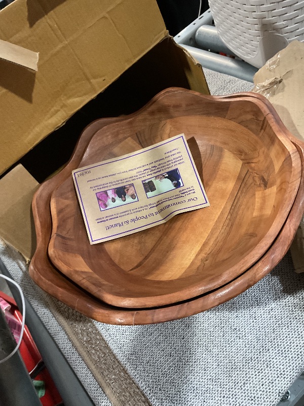 Photo 1 of **1 BOWL CRACKED**
Wooden Salad Bowls Set of 2 with 2 Serving Utensils | 10" & 12 inch Extra Large Natural Acacia Wood Mixing Bowls | Beautiful Easter Gifts
