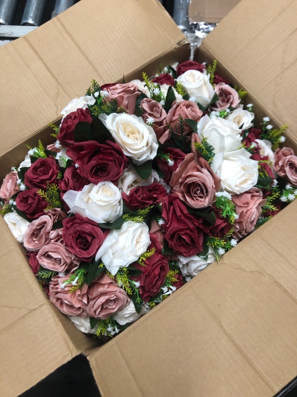 Photo 1 of (FAIR) NUPTIO Artificial Flower Centrepieces for Tables - 10 Pcs Burgundy & Dusty Rose & Creamy White Fake Flowers Roses Balls 9.5in Diam - Silk Faux Rose Arrangement for Wedding Party Table Decor