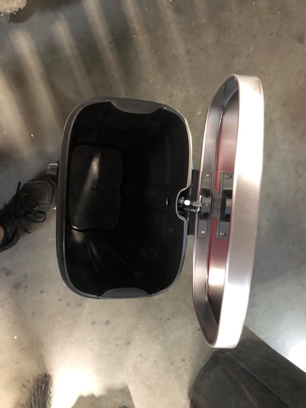 Photo 1 of ***DAMAGED - DENTED - SEE PICTURES***
Amazon Basics Smudge Resistant Rectangular Trash Can With Soft-Close Foot Pedal, Brushed Stainless Steel, 30 litre/7.9 gallon, Satin Nickel Finish, 13.8"L x 11.8"W x 25"H