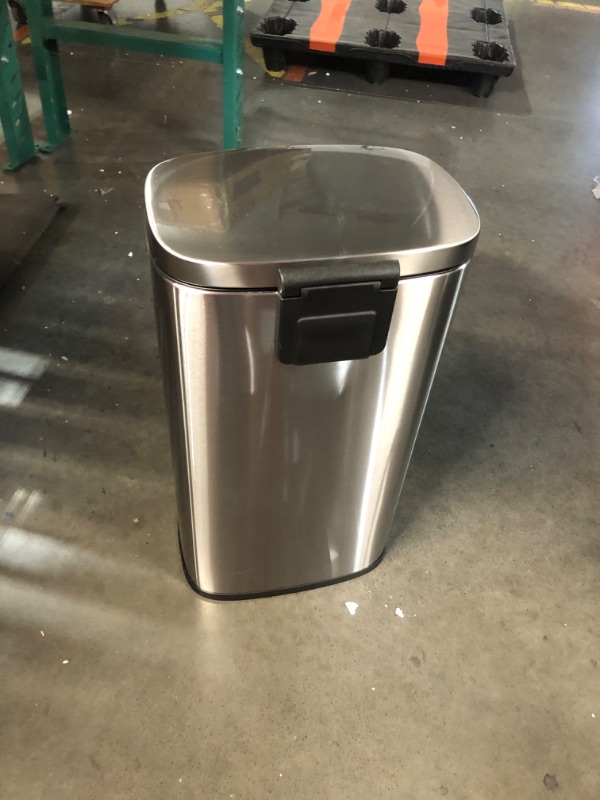 Photo 1 of ***DAMAGED - DENTED - SEE PICTURES***
Amazon Basics Smudge Resistant Rectangular Trash Can With Soft-Close Foot Pedal, Brushed Stainless Steel, 30 litre/7.9 gallon, Satin Nickel Finish, 13.8"L x 11.8"W x 25"H