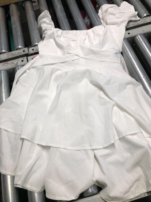 Photo 1 of (used)(see images) LYANER Women's Tie Back Off Shoulder Wrap Layer Ruffle Short Sleeve Mini Dress White Medium