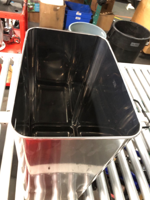 Photo 1 of ***DAMAGED - DENTED - MOTION SENSOR DOESN'T WORK - SEE PICTURES***
EKO Mirage-T 50 Liter / 13.2 Gallon Touchless Rectangular Motion Sensor Trash Can, Brushed Stainless Steel Finish