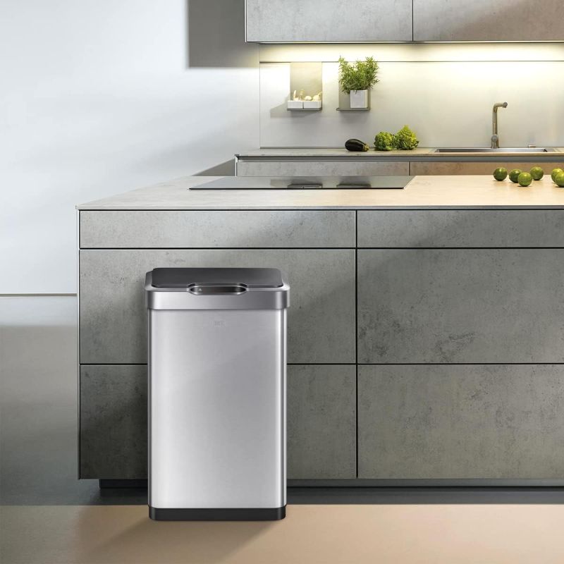 Photo 1 of ***DAMAGED - DENTED - MOTION SENSOR DOESN'T WORK - SEE PICTURES***
EKO Mirage-T 50 Liter / 13.2 Gallon Touchless Rectangular Motion Sensor Trash Can, Brushed Stainless Steel Finish