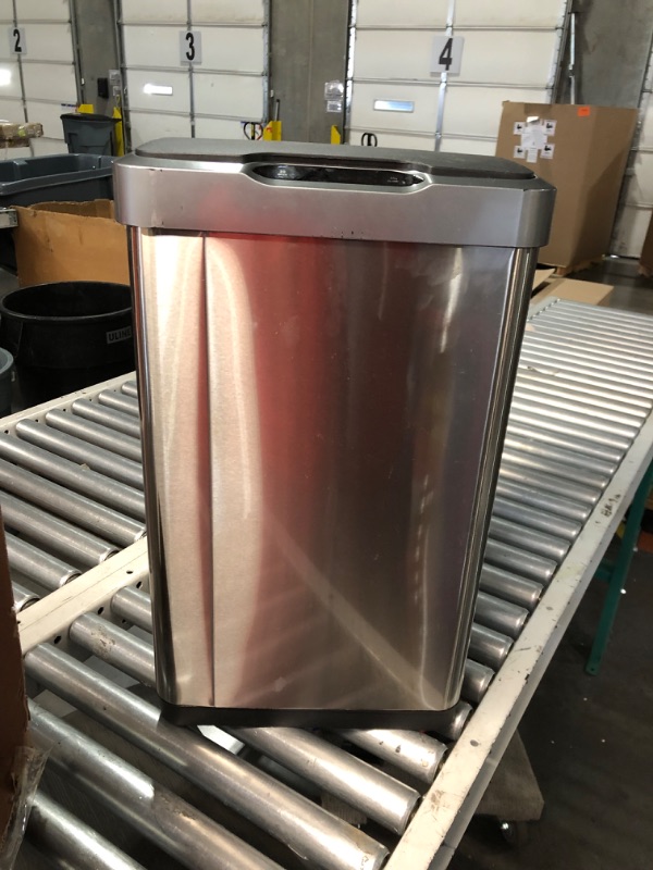 Photo 1 of ***DAMAGED - DENTED - MOTION SENSOR DOESN'T WORK - SEE PICTURES***
EKO Mirage-T 50 Liter / 13.2 Gallon Touchless Rectangular Motion Sensor Trash Can, Brushed Stainless Steel Finish
