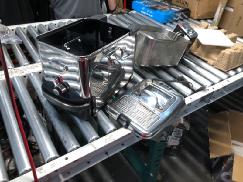 Photo 1 of ***HEAVILY USED AND DIRTY - COVERED IN DENTS AND SCRATCHES - POWERS ON, UNABLE TO TEST FURTHER***
All-Clad Electric Deep Fryer with Basket and Lid, Stainless Steel Deep Fryer for Home Use, 1700W, Dishwasher Safe