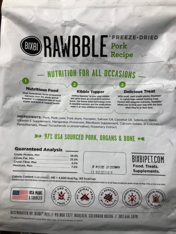 Photo 1 of ***(EXP: 4/23/25)NONREFUNDABLE*** BIXBI Rawbble Freeze Dried Dog Food, Pork Recipe, 26 Oz - 97% Meat And Organs, No Fillers - Pantry-Friendly Raw Dog Food For Meal, Treat Or Food Topper - USA Made In Small Batches