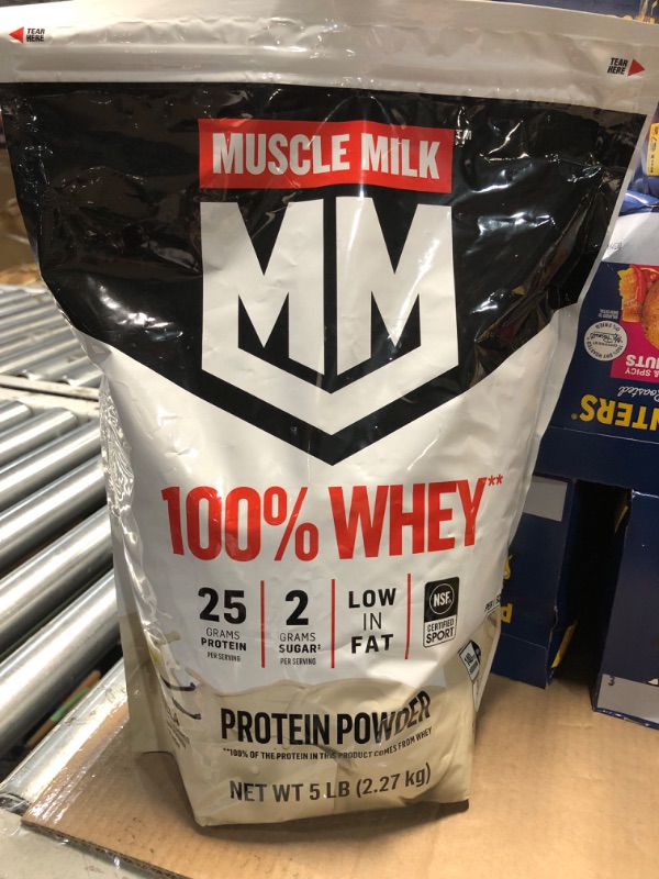 Photo 1 of ***(EXP: 5/22/25)NONREFUNDABLE*** Muscle Milk 100% Whey Protein Powder, Vanilla, 5 Pound, 68 Servings, 25g Protein, 2g Sugar, Low in Fat, NSF Certified for Sport, Energizing Snack, Workout Recovery, Packaging May Vary